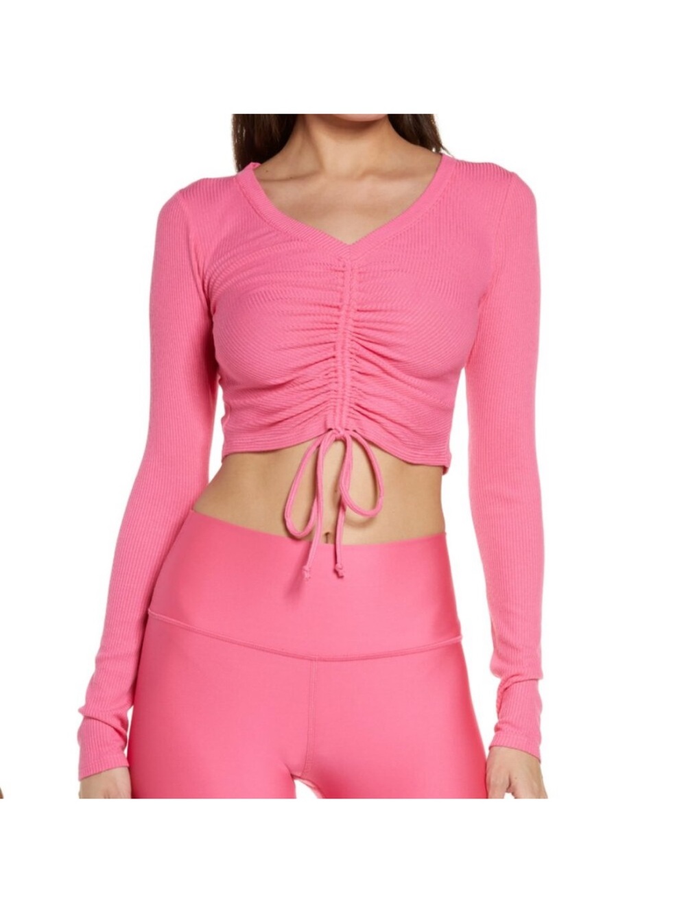 Alo Yoga Long-Sleeve Cinched Rib-Knit Crop Top M